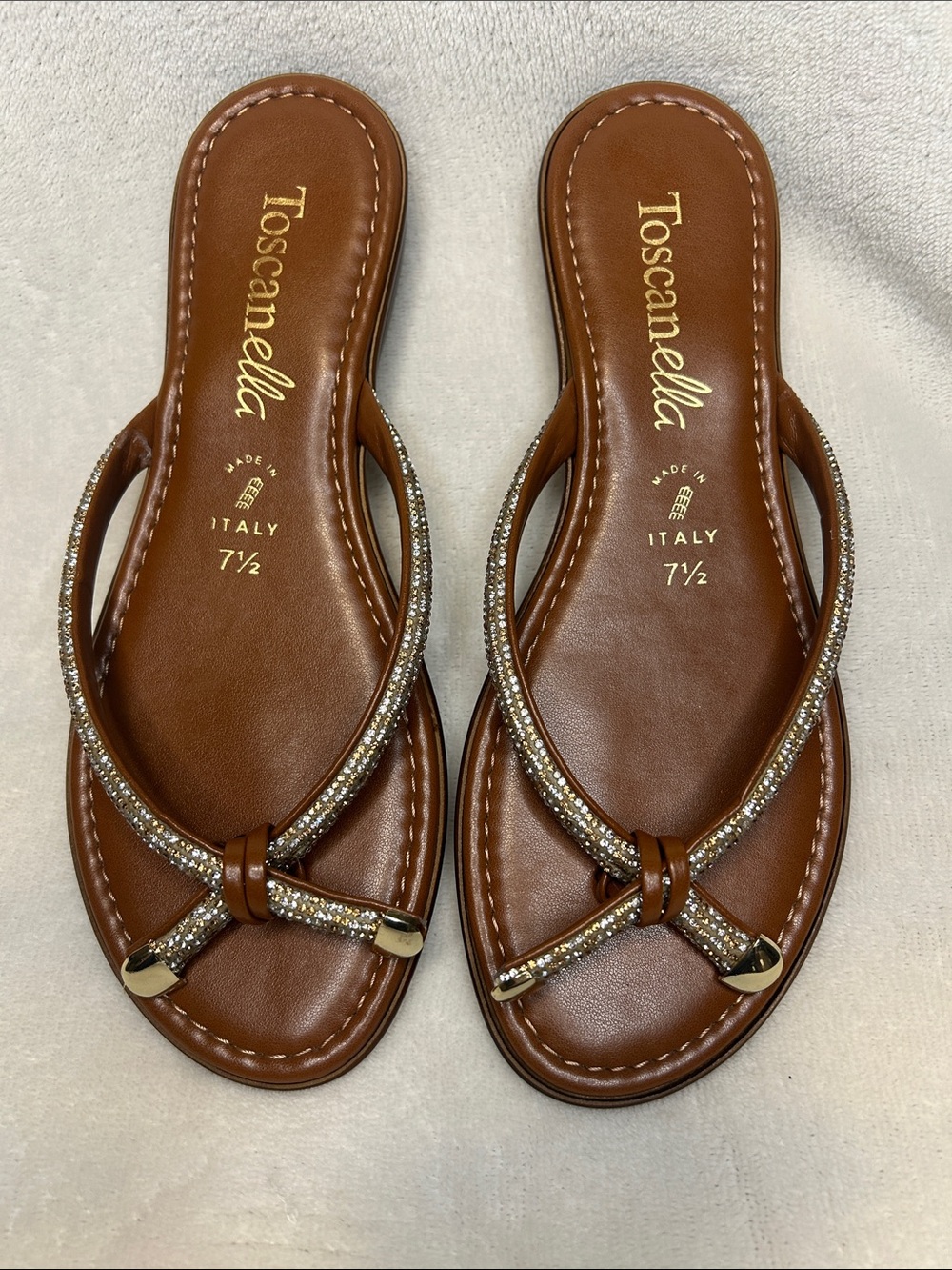 Toscanella Made in Italy Brown Rhinestone Thong Sandals Flip Flops Women 7.5